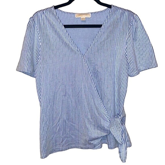 Michael Kors Wrap Top Ladies Size Medium Blue and White Short Sleeve V Neck Top - Picture 3 of 9